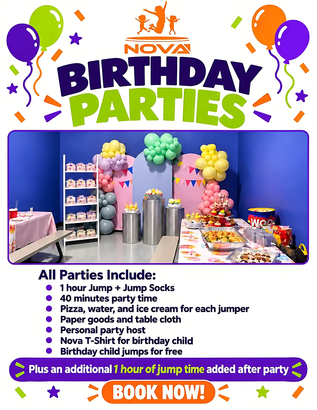 Nova Birthday Parties: all parties include 1 hour jump and jump socks, 40 minutes party time, pizza, water and ice cream for each jumper, paper goods and table cloth, personal party host, Nova T-shirt for the birthday child, birthday child jumps for free, plus an additional 1 hour of jump time added after the party.