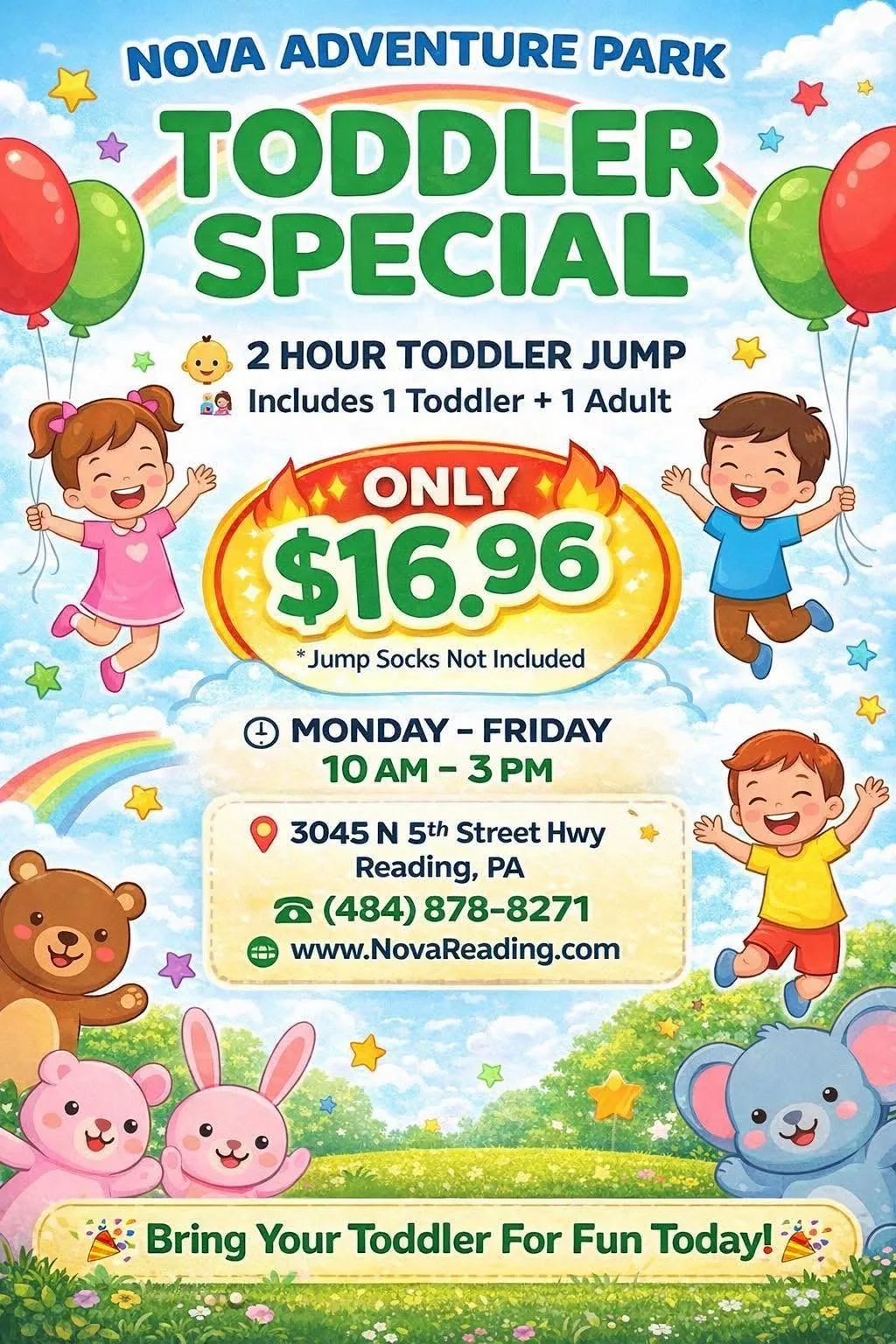 Toddler Special at Nova Adventure Park Reading: only $16.96 for a 2 hour toddler jump for 1 toddler and 1 adult, Monday to Friday 10 AM to 3 PM. Jump socks not included. 3045 N 5th Street Hwy, Reading, PA, 484-878-8271.